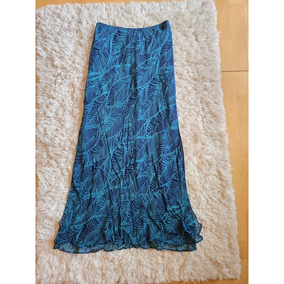 EXPRESS‎ Teal Navy Leaf Print Maxi Skirt Flowy Beach Vacation Resort Size S - Picture 3 of 10